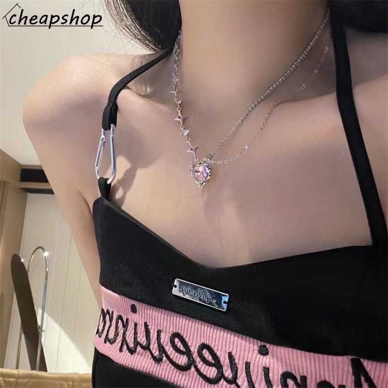 IFYOU Kalung Liontin Hati Bintang Pink Kristal Splice Choker Rantai Silver Untuk Aksesoris Perhiasan Wanita