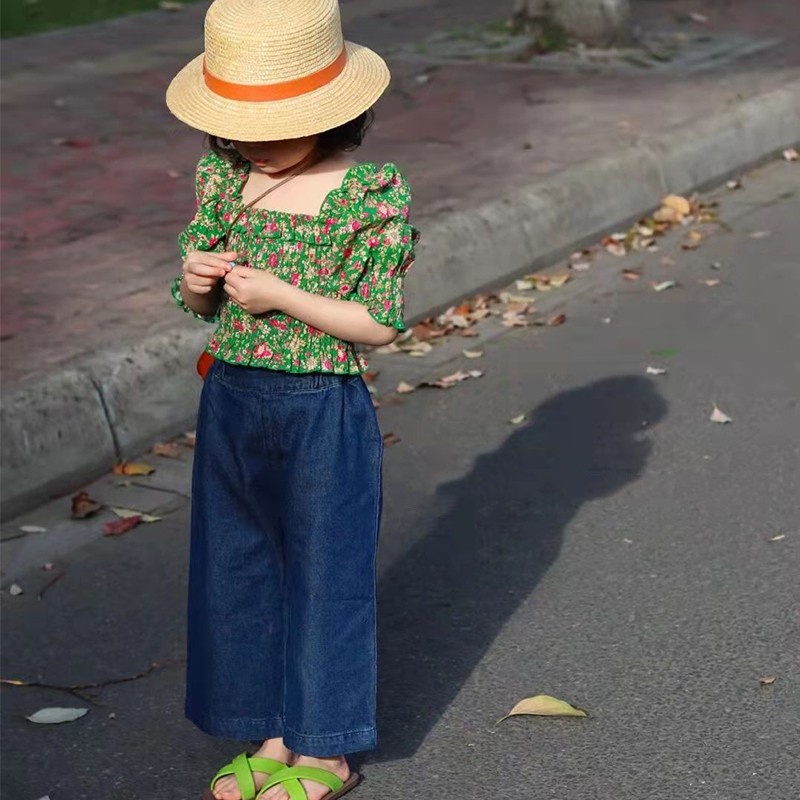 babyfit R- [3-7thn] GREEN FLOWER baju stelan anak perempuan celana jeans baggy blus square neck import al-0210