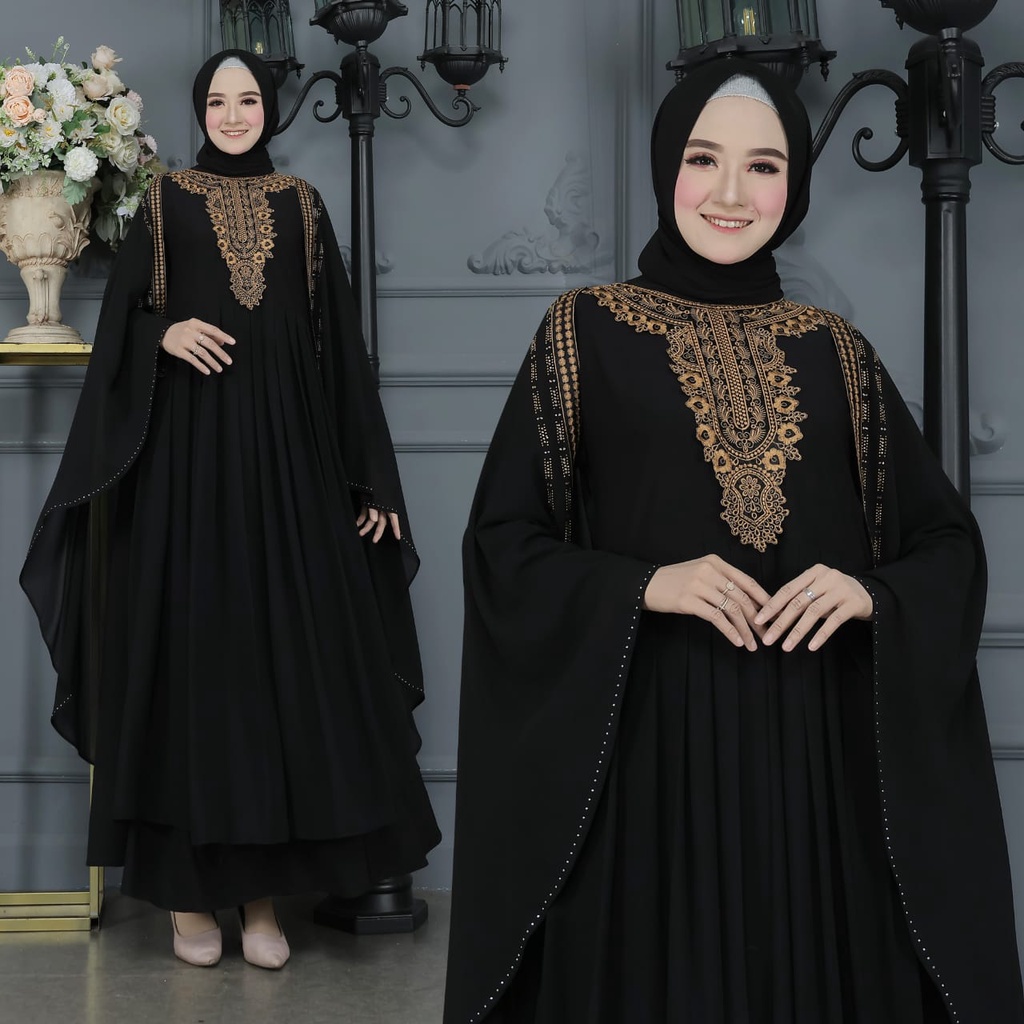 Abaya Jesey Hitam Babydoll Mewaqh / Dress Ceruty Bordir Mix Babydoll Swarosky Mewah / Gamis Lebaran 