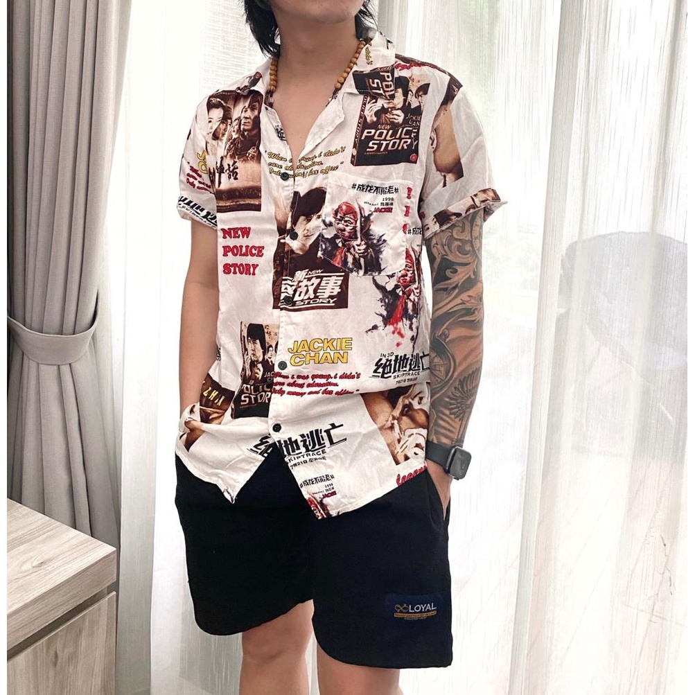 kemeja distro kemeja JACKIE CHAN ready size M L XL bahan katon rayon amarilo