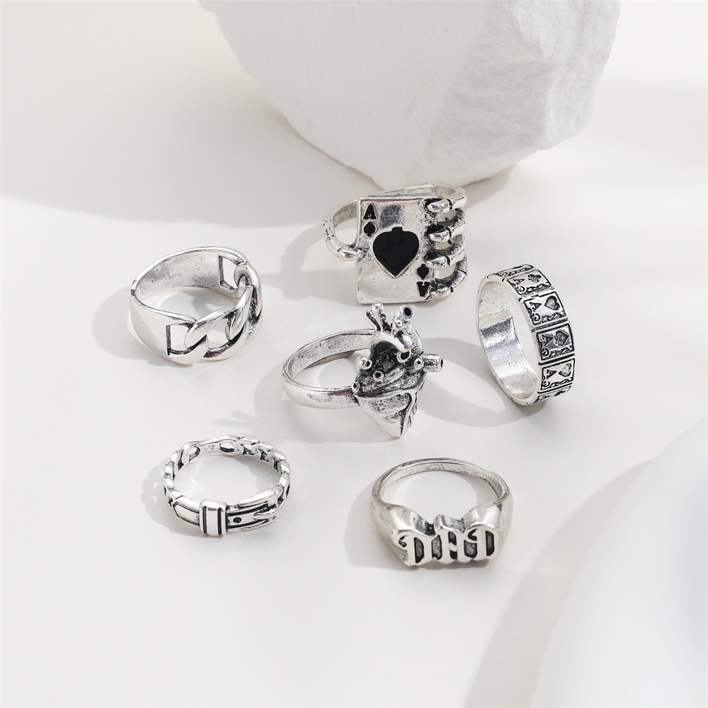 Gothic Punk Fashion Menetes Minyak Bermain Kartu Cincin Heteroseksual Jantung Geometris Rings Set Perhiasan Unisex Untuk Pria Wanita