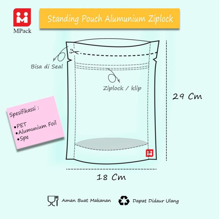 Kemasan Standing Pouch Zipper Alu Putih, Food Grade Kedap Cahaya 18x29