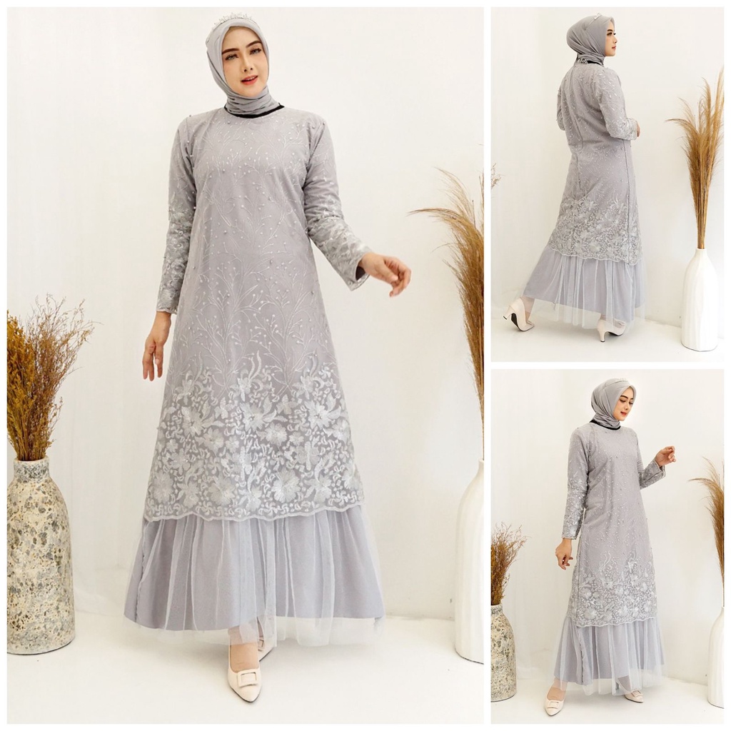 (Pasti RealPict) Gamis Arini FULL Tile Bordir Mutiara Glitter Brukat Tulle Brokat Maxi Dress Pesta