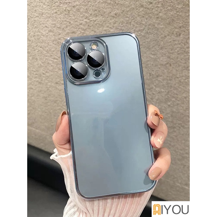 IPHONE Casing Transparan Plating Tepi Persegi Untuk Iphone14 13 12 11 Pro Max Plus X XR XS SE 2022 7 8 Pelindung Lensa Soft Silicone Cover