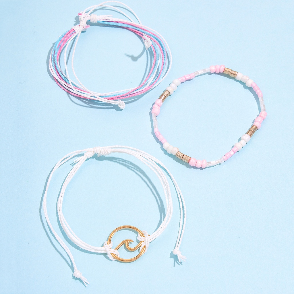 Ins Gadis Bohemian Tenun Tangan Gelombang Emas Tenunan Tangan Manik-Manik Gelang Kaki Merah Muda