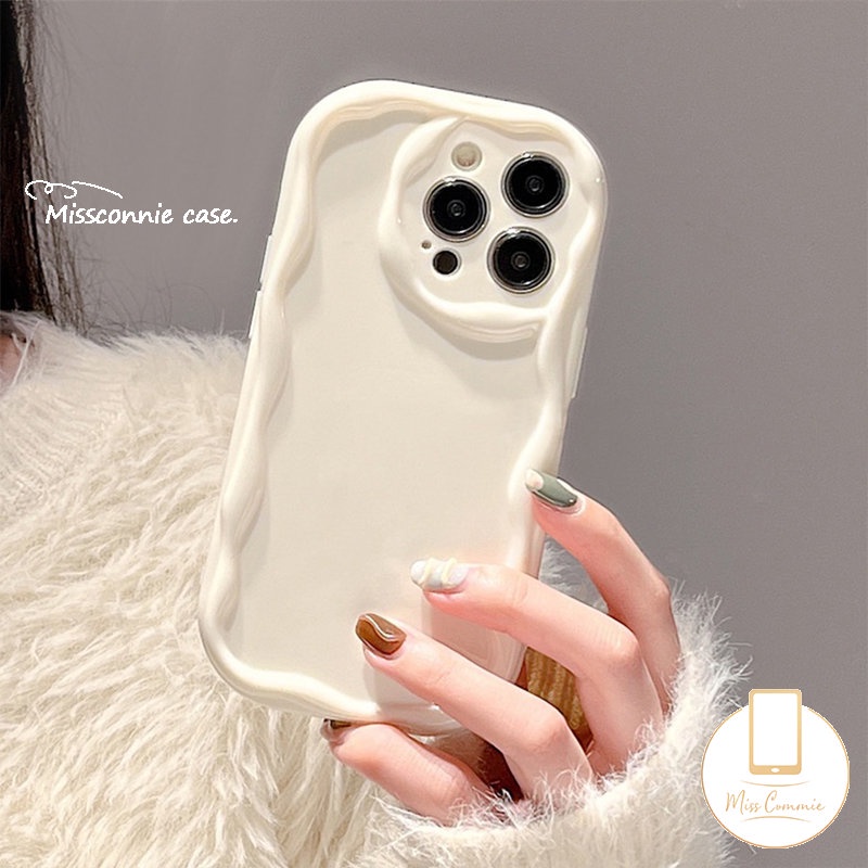 IPHONE Simple Fashion Warna Solid Wavy Edge Stereoscopic Cream Glossy Phone Case Kompatibel Untuk Iphone11Xr 78 Plus 11 12 13 14 Pro MAX X XS MAX Shockproof Soft TPU Back Cover