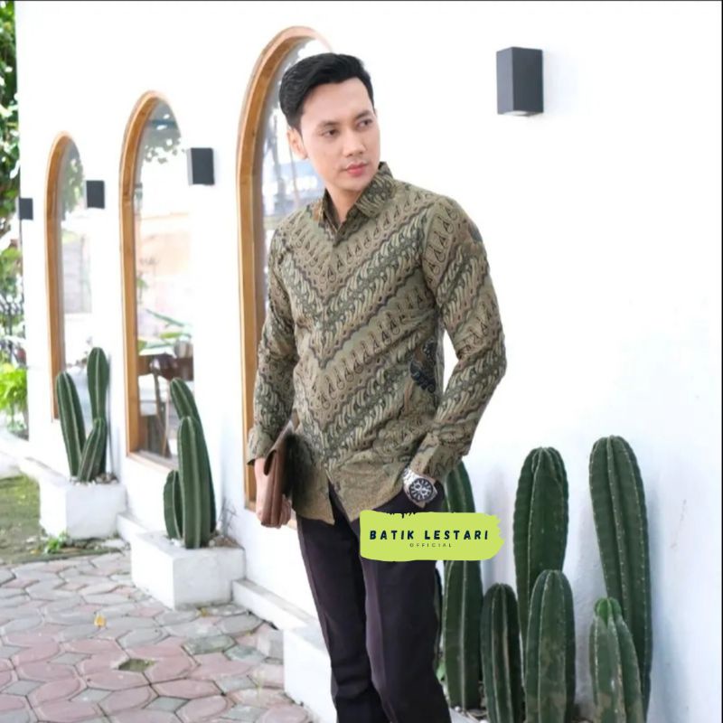 Kemeja Batik Pria Lengan Panjang SLIMFIT Motif Parang Seling Hijau Sage