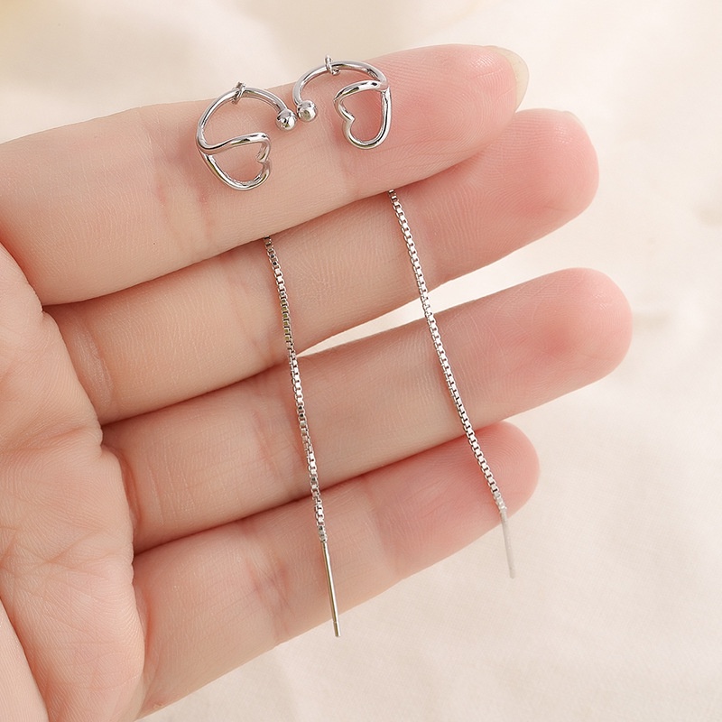 Anting Klip Telinga Hati Sederhana Rantai Warna Perak Menjuntai Earrings Woman Lady Fashion Pesta Perhiasan Hadiah