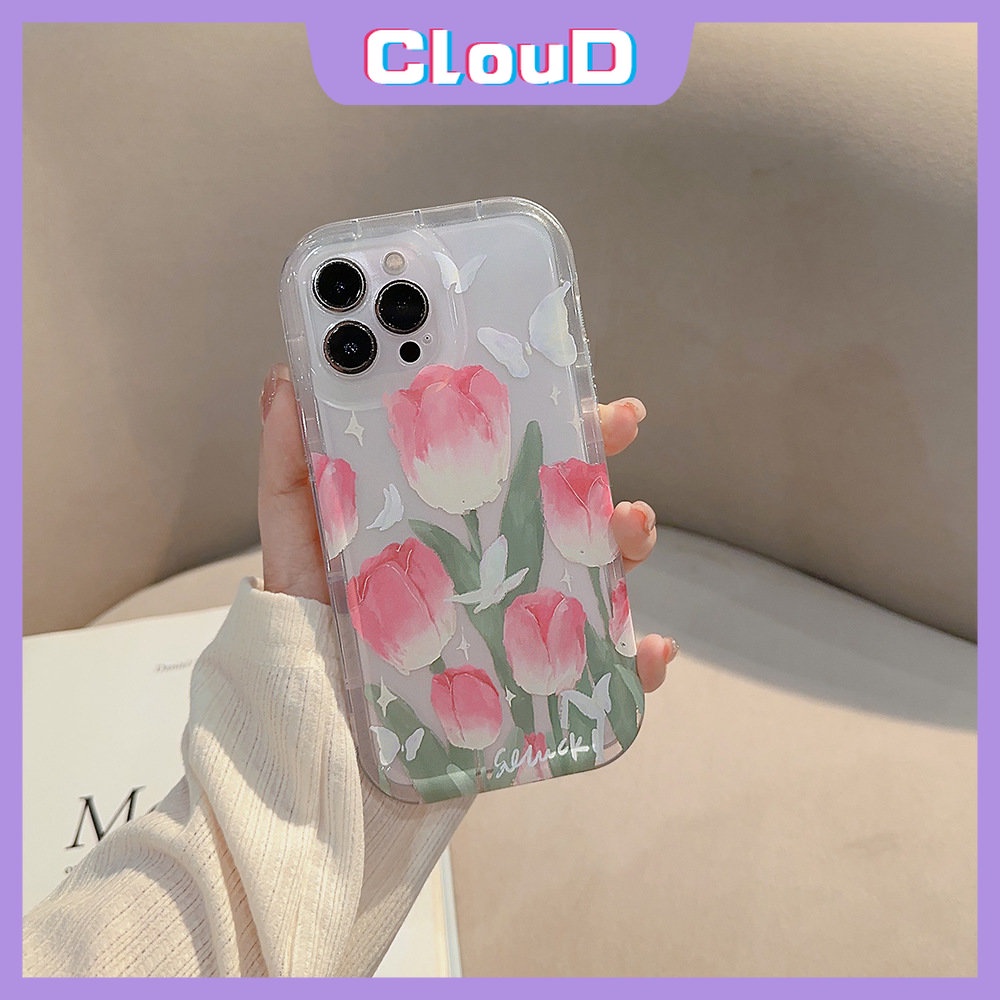 IPHONE Fashion Butterfly Clear Case Kompatibel Untuk Iphone11 7 8 6s 6 Plus XR 14 11 13 12 Pro Max X XS Max SE 2020 Fresh Spring Flowers Tulips Airbag Shockproof Soft TPU Back Cover