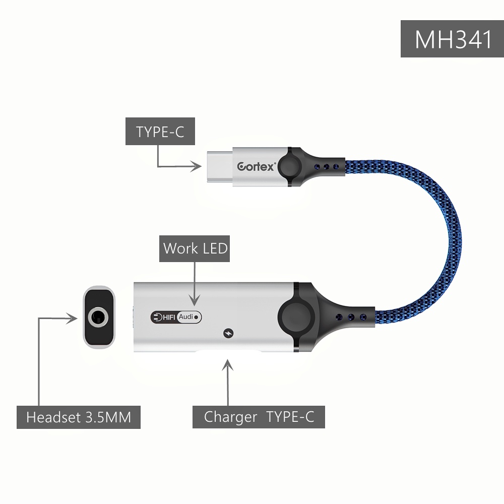 Cortex MH341 USB-C Splitter 2in1 Type-C to Charging + 3.5mm Audio Open Mic 60W Charging Adapter
