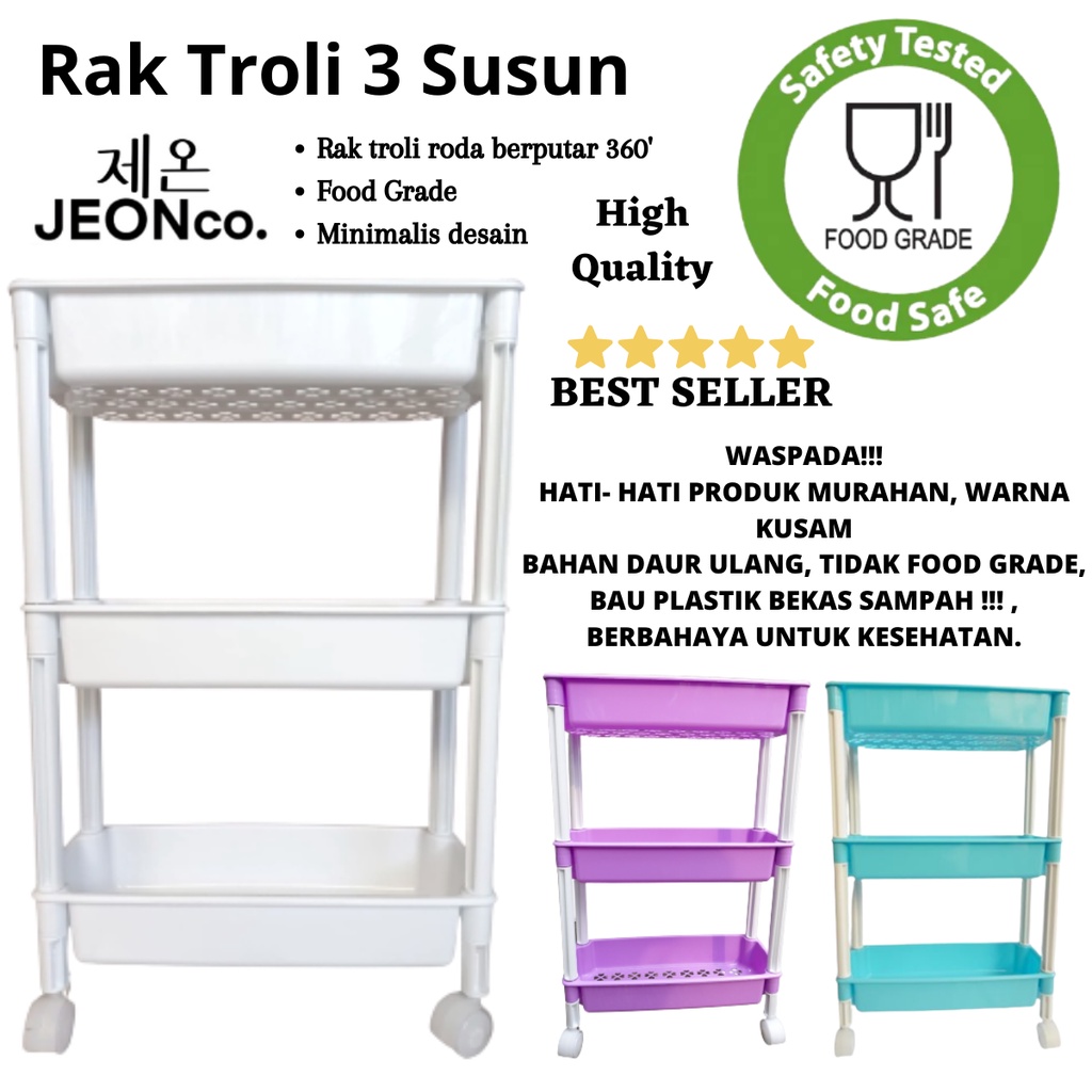 Rak Troli 3 Susun Roda Multifungsi Penyimpanan Portable Trolley Tingkat Plastik Mainan Serbaguna Minimalis Menarik Murah