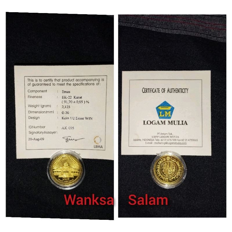 nisfu dinar , 1/2 dinar masjid demak win sertifikat antam LBMA, nisfu dinar win sertifikat antam