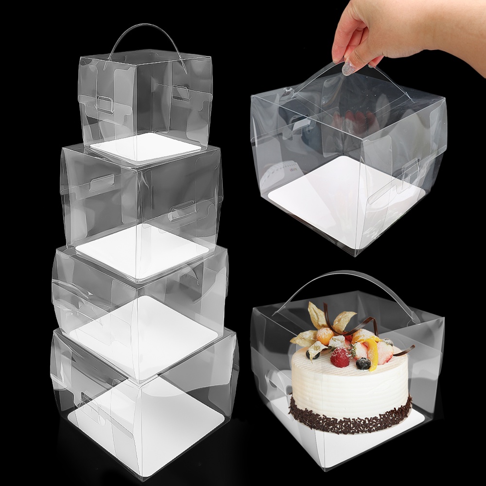 Bakery Aksesoris Penyimpanan Makanan Empat Ukuran Kotak Kue Dengan Pegangan Plastik Bening Roti Keju Wadah Foldable Dessert Packing Box