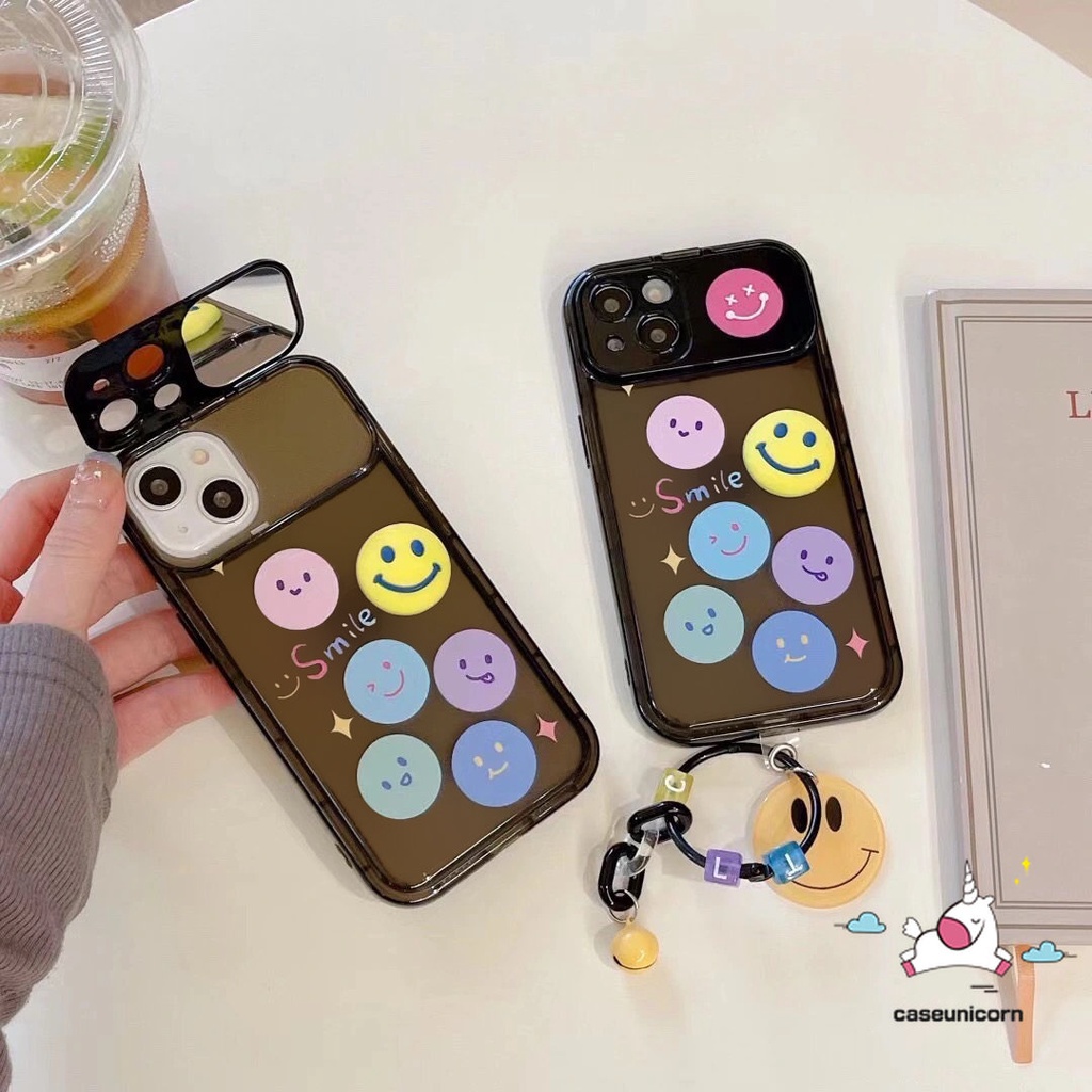 Casing Ponsel Kompatibel Untuk IPhone 7plus 8plus 11 14 13 12 Pro Max7 8 14 Plus XR X XS MAX SE Kreatif Flip Make Up Cermin Kartun Lucu Smiley Smile Lembut TPU Silicon Case