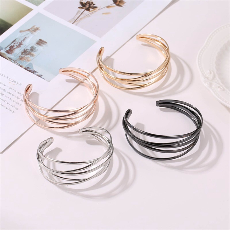 Gelang Terbuka Lebar Pola Segitiga Twist Ganda Geometris Delapan Baris Cross Stainless Steel Bangles Untuk Wanita Pria Fashion Hadiah