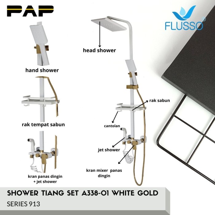 ```````] FLUSSO shower tiang set minimalis white gold / putih Kran Panas Dingin