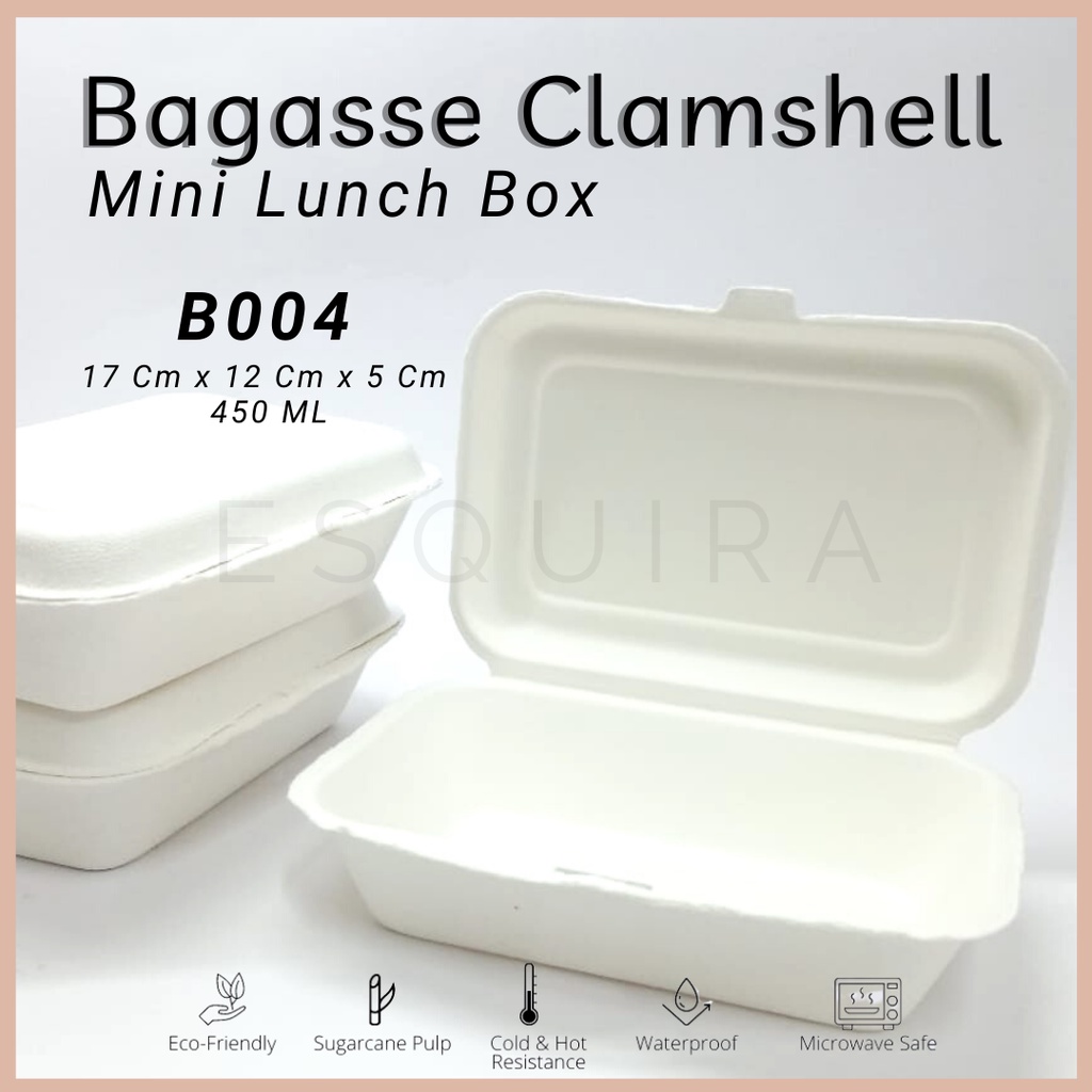 Clamshell Bagasse / Mini Lunch Box /  Packing makanan Serat Tebu 450 ML / 10 Pcs / B004