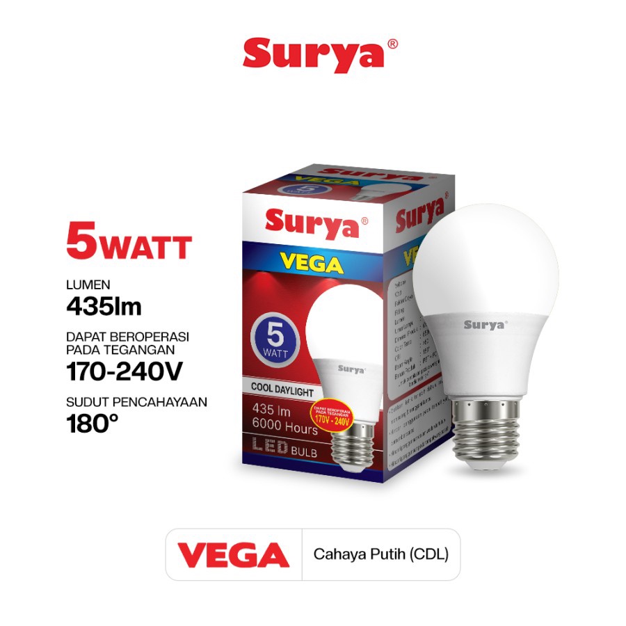 Lampu Led Bulb Surya Vega 5 Watt Cool Day Light Putih SNI Original