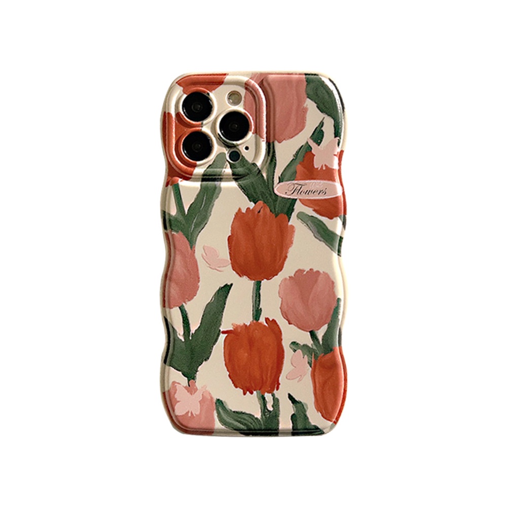 IPHONE Orange Flowers Soft Beige Wave Edge Case Untuk Iphone14 11 12 13 PRO MAX Casing Cover Pelindung AT0017