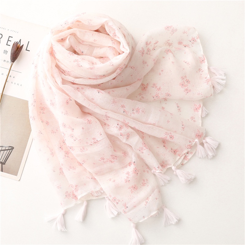 ITSFRIDAY FLOY Scarf - Premium Pashmina Shawl Selendang Syal Pasmina Hijab Import Motif Small Flower Baby Pink Tassel