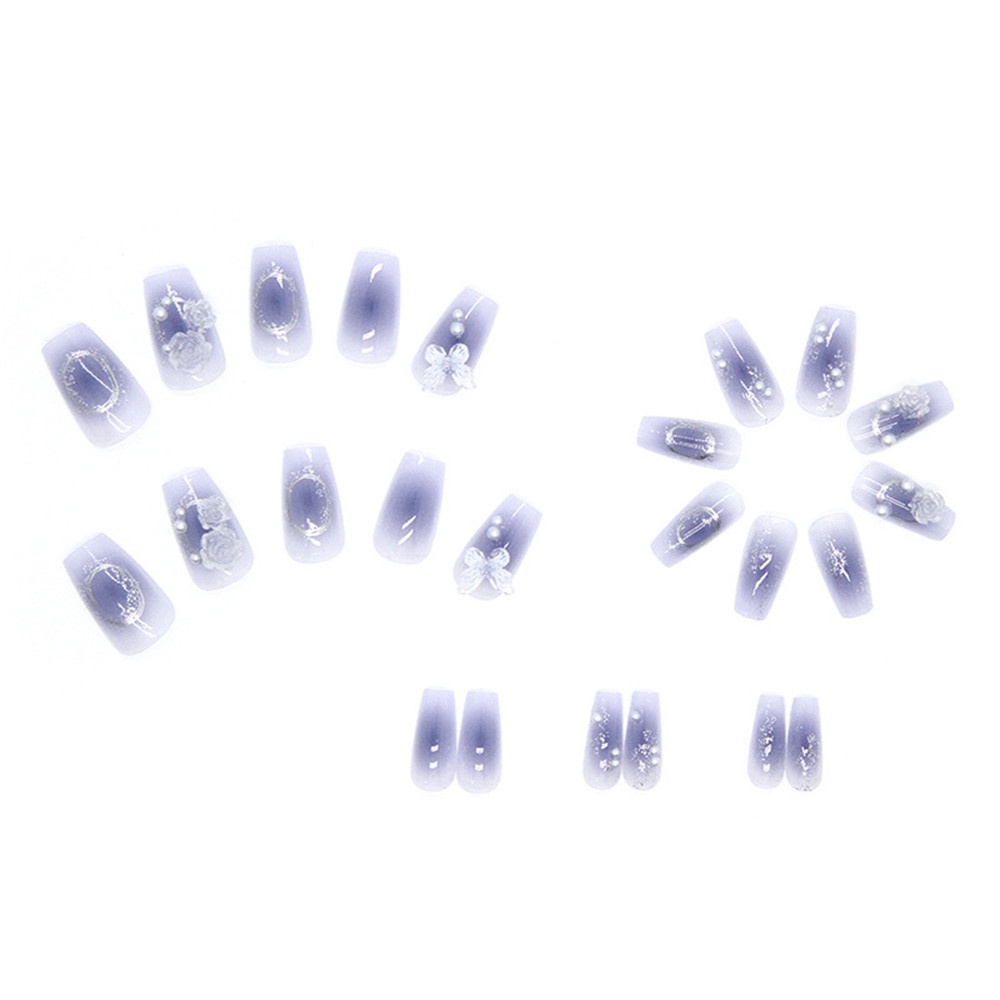 【 COD Tangding 】 24pcs Blue Butterfly Wearable Fake Nails Women Girls Detachable Artificial Nails Patch Accessories