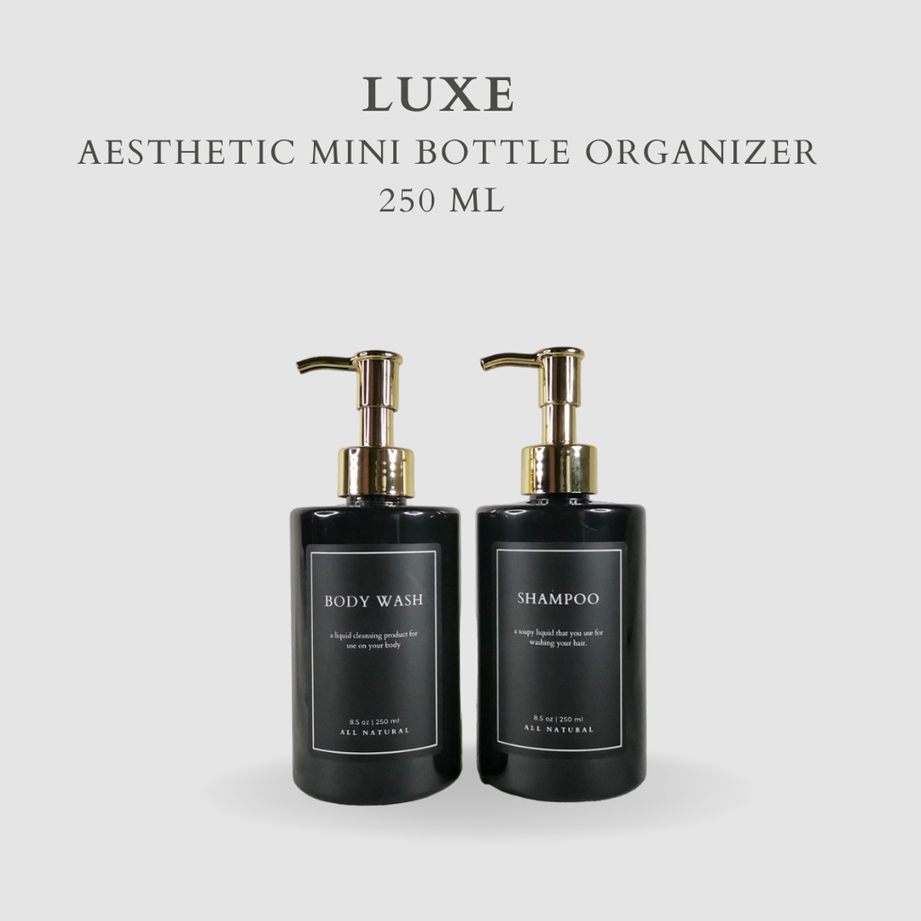 LUXE Botol MINI HITAM Label KOTAK HITAM 250 ml Aesthetic Bottle Refill | Botol refill sabun /botol refill sabun/ botol isi ulang/botol sabun refill/botol sabun/botol pump/botol anak/bathroom organizer/bathroom amenities