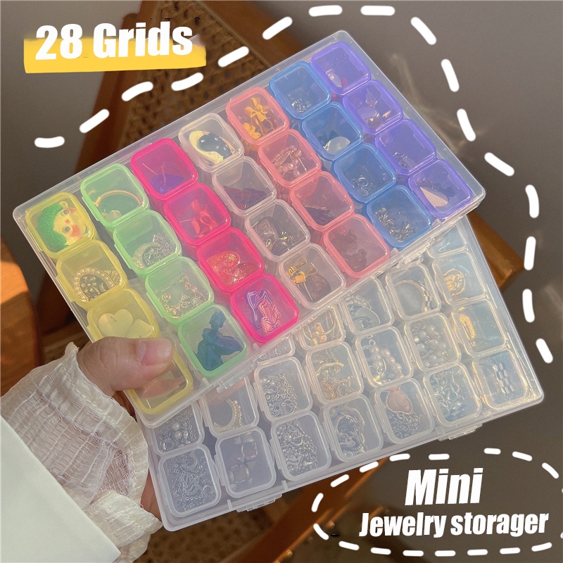 28kisi Warna-Warni Mini Kecil Desktop Storage Box Portabel Perjalanan Wadah Penyimpanan Perhiasan Untuk Cincin, Kalung, Anting Kuku Seni Berlian Sortir Case Serbaguna Transparan