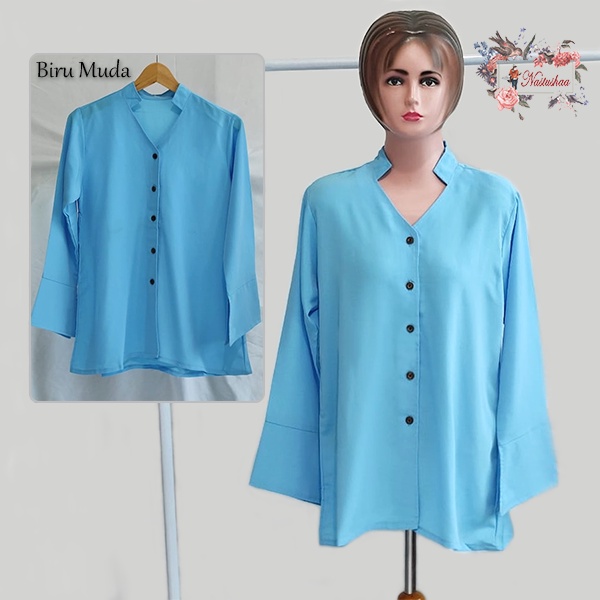 Blouse V-Neck Lengan Panjang Ada Belahan Shirt Blouse Kemeja Kantor Korea Fashion Atasan Wanita Wollycrepe Polos Full Kancing Busui Friendly Fit L
