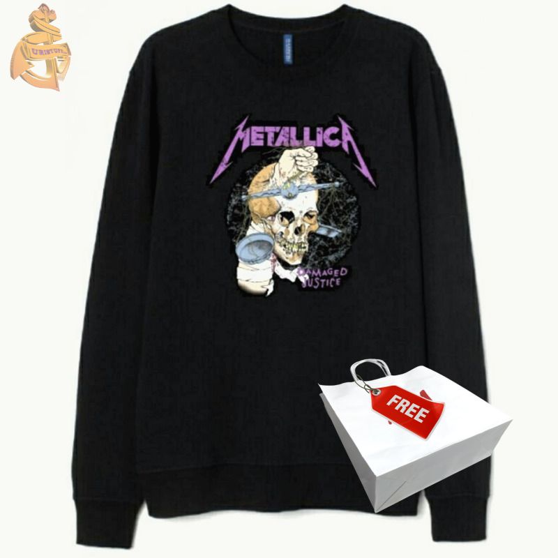 Crewneck Sweater Pia Wanita Metallica Damage Justice Hitam Black Free Paper Bag