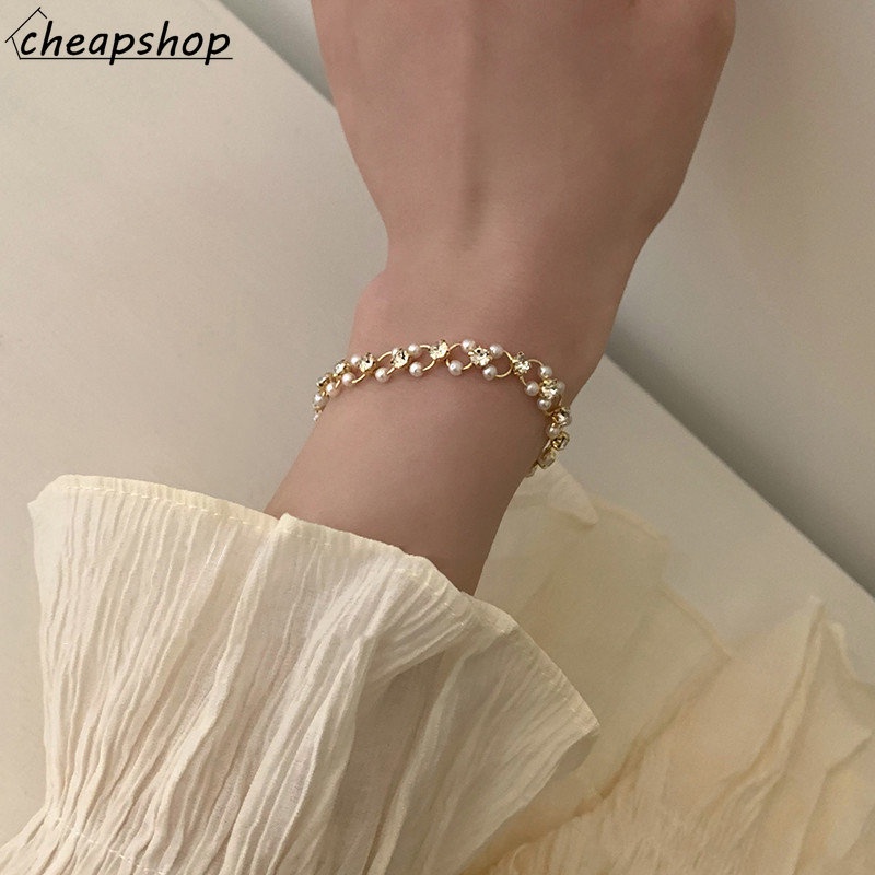 IFYOU Gelang Emas Mewah Elegan Mutiara Zirkon Beads Bangles Untuk Perhiasan Wanita Aksesoris Fashion