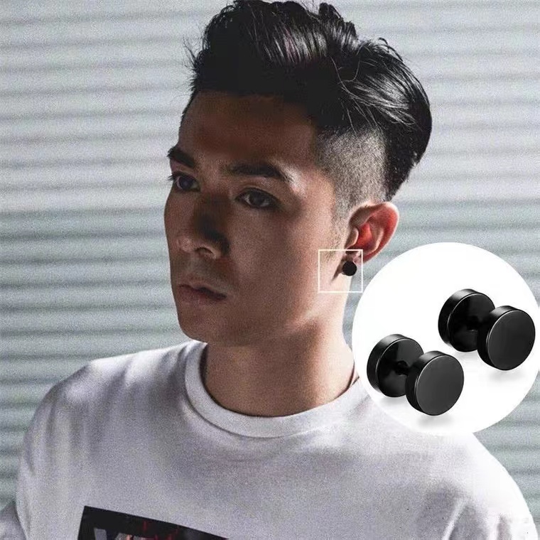 Anting Bentuk Bulat Bahan Stainless Steel Warna Hitam Gaya Korea Untuk Unisex