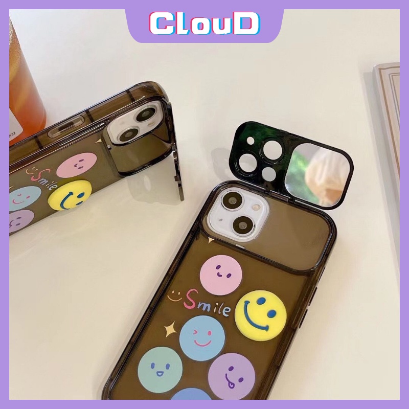 IPHONE Fashion Flip Make Up Mirror Case Kompatibel Untuk Iphone11 7Plus 8Plus X XS Max XR 13 11 14 12 Pro Max7 8 Plus SE 2020 Kreatif Lucu Kartun Smiley Soft Case