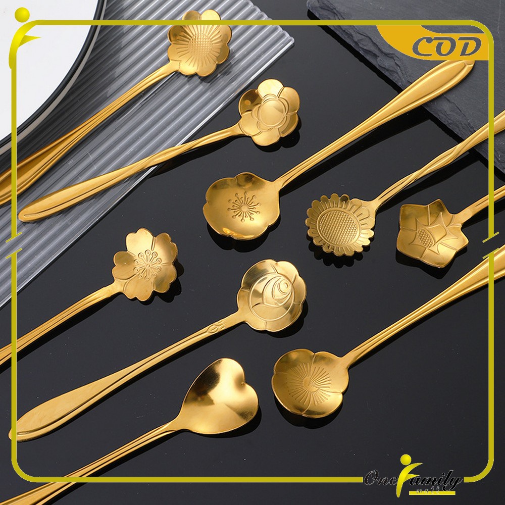 ONE-C766 Sendok Korea Teh Kopi Kecil Stainless Steel Motif Love Elegant Warna Gold / Sendok Bunga Emas Spoon Dessert Import