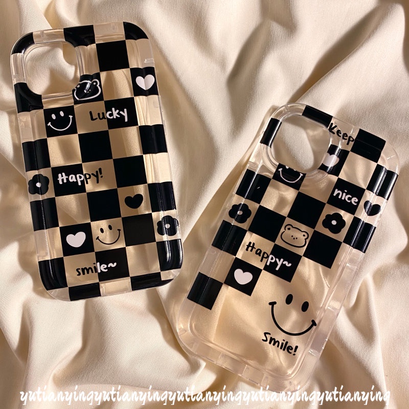 IPHONE Ins Kotak-Kotak Bear Smile Love Heart Case Kompatibel Untuk Iphone6 6S 7 8 Plus XR 11 14 13 12 Pro MAX X XS MAX Shockproof Airbag Lembut TPU Cover Bunga Pasangan Casing Ponsel