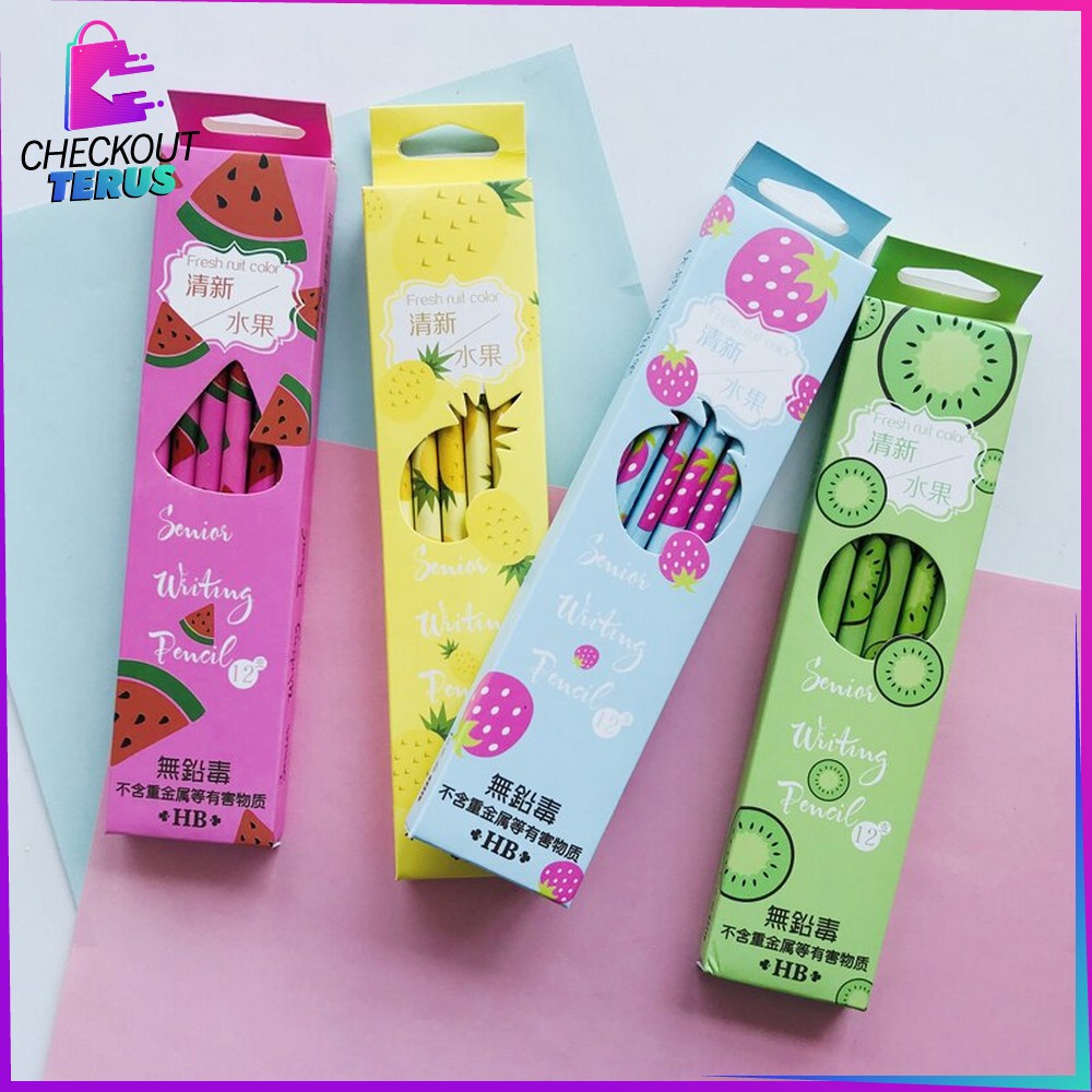 CT A49 Pensil Kayu Set 12IN1 Motif Buah With Eraser Alat Tulis Dengan Penghapus Sekolah 12pcs Pencil Fruits Praktis Import