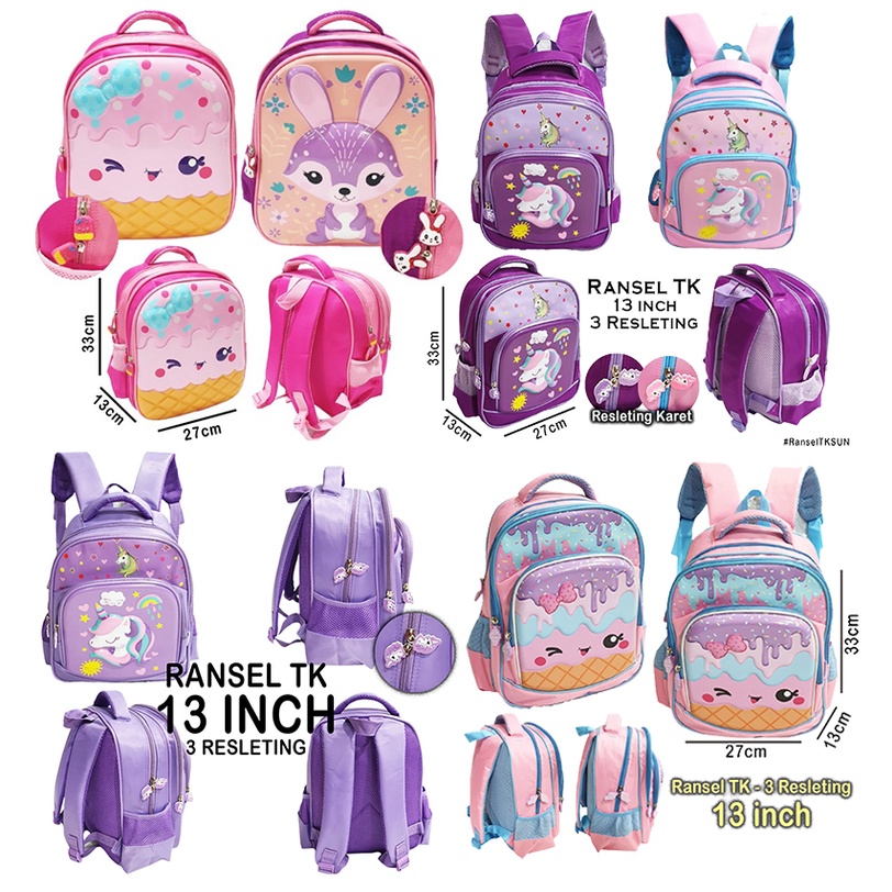 BACKPACK TK TAS RANSEL ANAK SEKOLAH PEREMPUAN TK ICE CREAM SUGAR KARTUN RABBIT KELINCI 3Resleting Karet ( Sun Sugar ES KRIM 12&quot; 13&quot; Besti 16&quot; )
