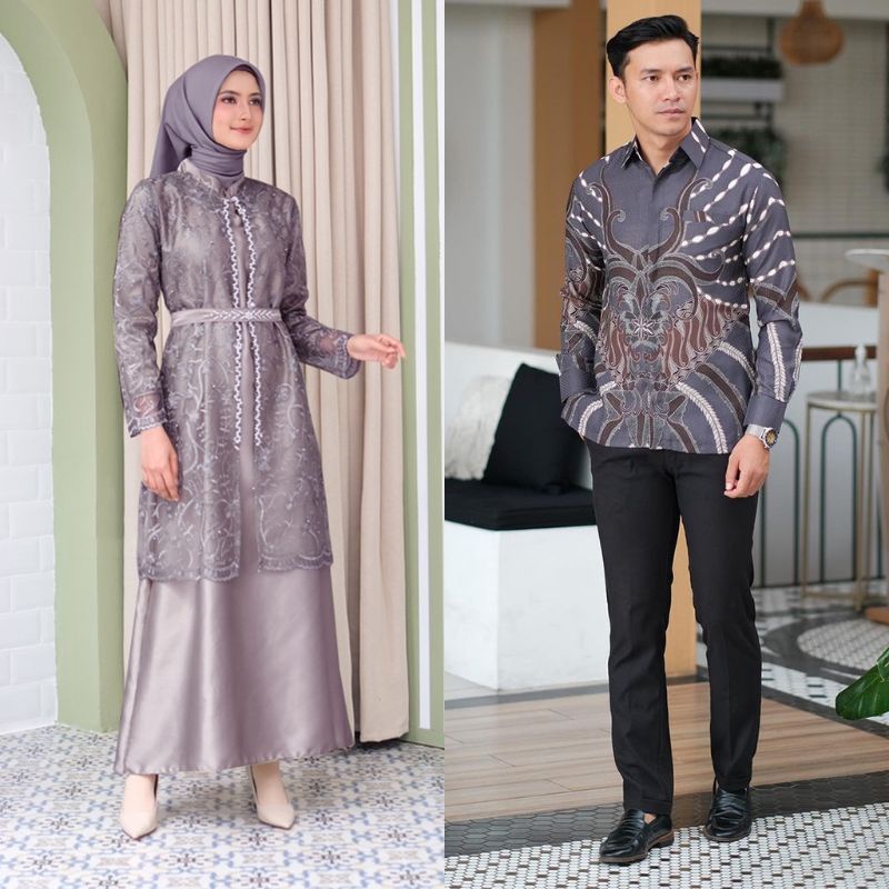 BATIK EXPRESS - Gamis Batik Couple Manissa Gamis Free Outer Brokat Tulle Mix Payet Gamis Satin Allsize Kemeja Batik Pria Lengan Panjang Katun Prima Size M,L,XL