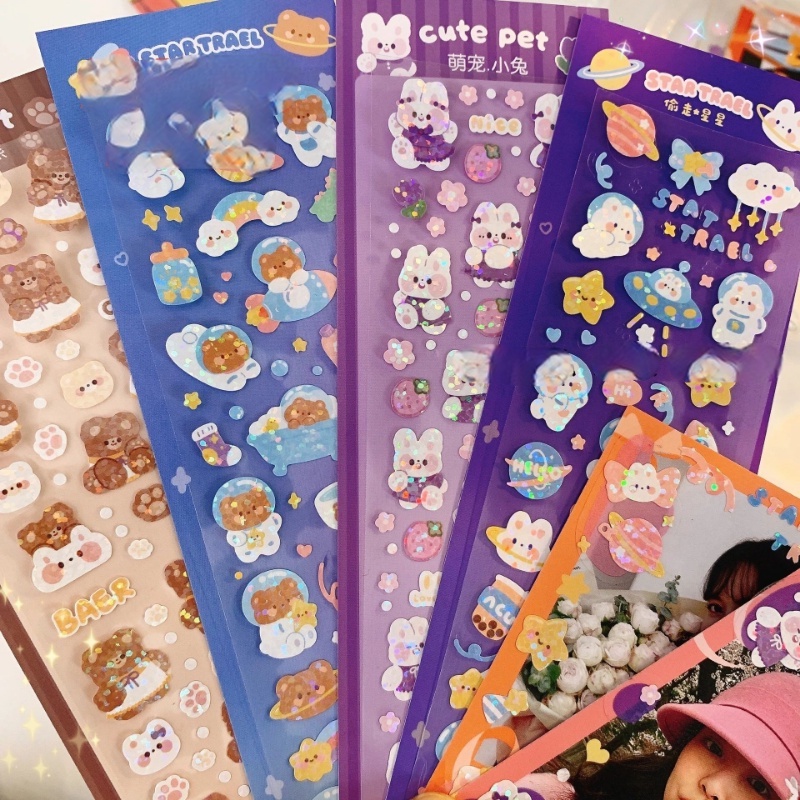 [Grosir] Diy Scrapbooking Goo Kartu Buku Pegangan Bahan Stiker Dekoratif PVC Tahan Air Glitter Stiker Lucu Kartun Beruang Kelinci Stiker Laser