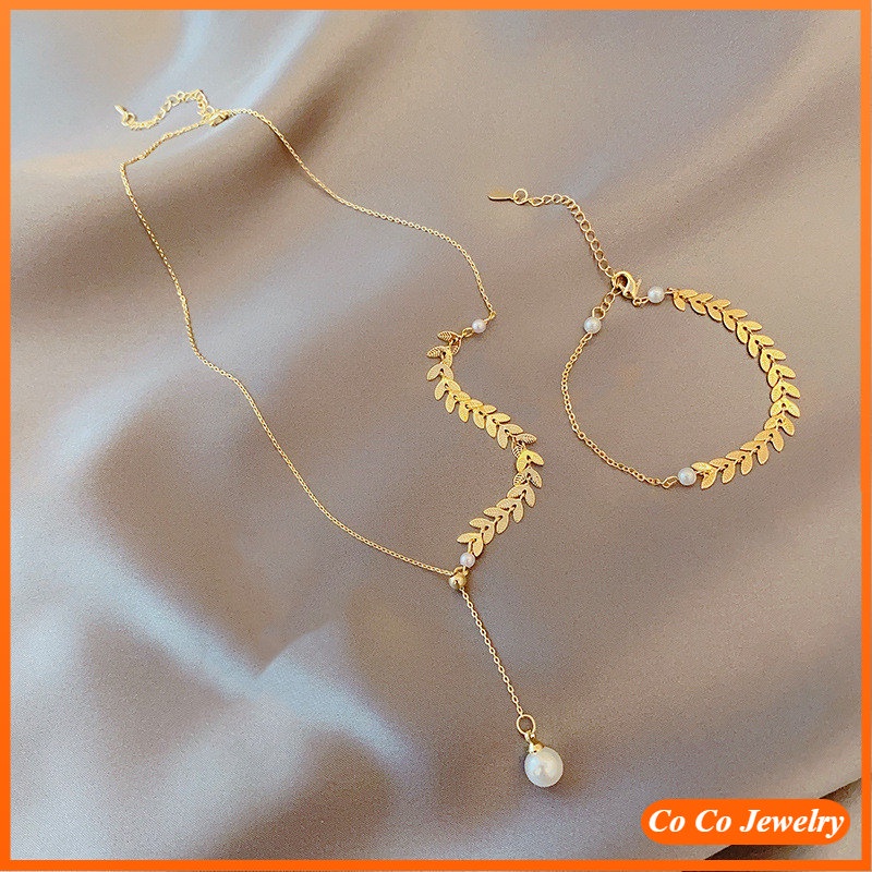 2pcs / set Korean Style Wheat Ear Pearl Necklace Bracelet Set