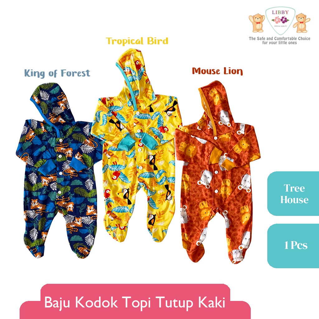 LIBBY Baju Kodok Jumper Panjang Buka Kaki/Tutup Kaki Bertopi/Tanpa Topi Motif Tree House(1 pcs)