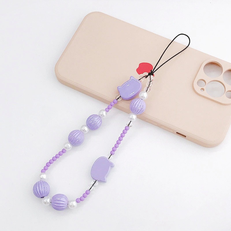 Gelang Manik-Manik Kepala Kucing Pearlescent Lucu Rantai Anti Hilang Untuk iPhone Android OPPO VIVO Huawei Xiaomi Redmi Samsung Phone Strap