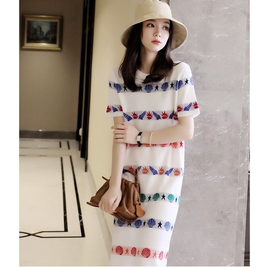 FW23-18201 Terusan Wanita. Women's Fashion Printed Loose Knitted Shirt and Dress