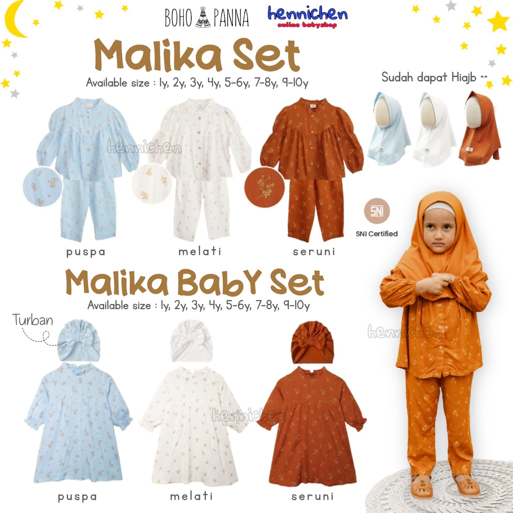 Bohopanna Set 0M - 10Y Malika Baby Gamis + Turban / Setelan Tunik + Hijab Lebaran Anak / Malika Set Raya Series Keluarga Pakaian Muslim