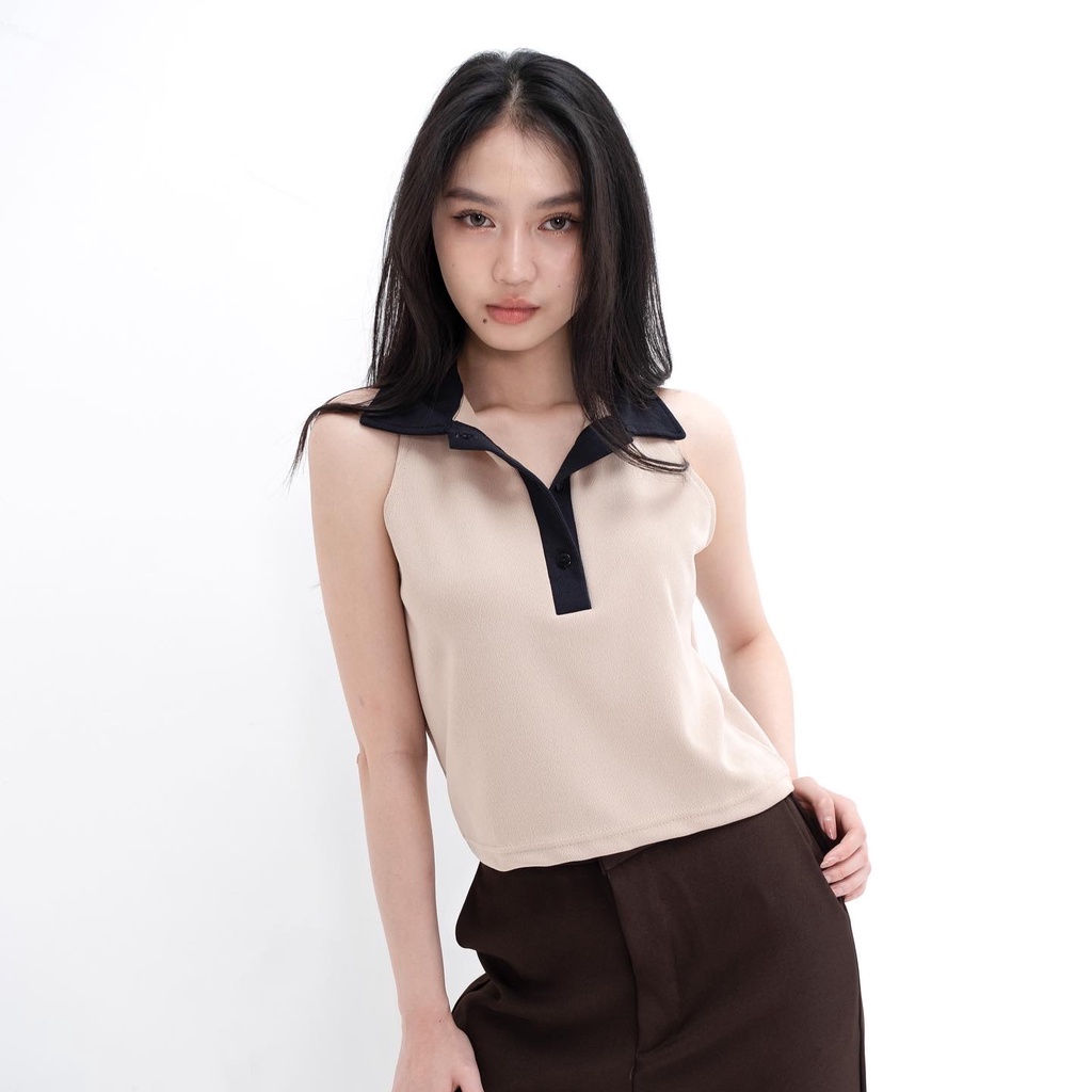 Beige Studio - Gretha Top | Atasan Berkerah Lengan Buntung Rajut Knit Wanita