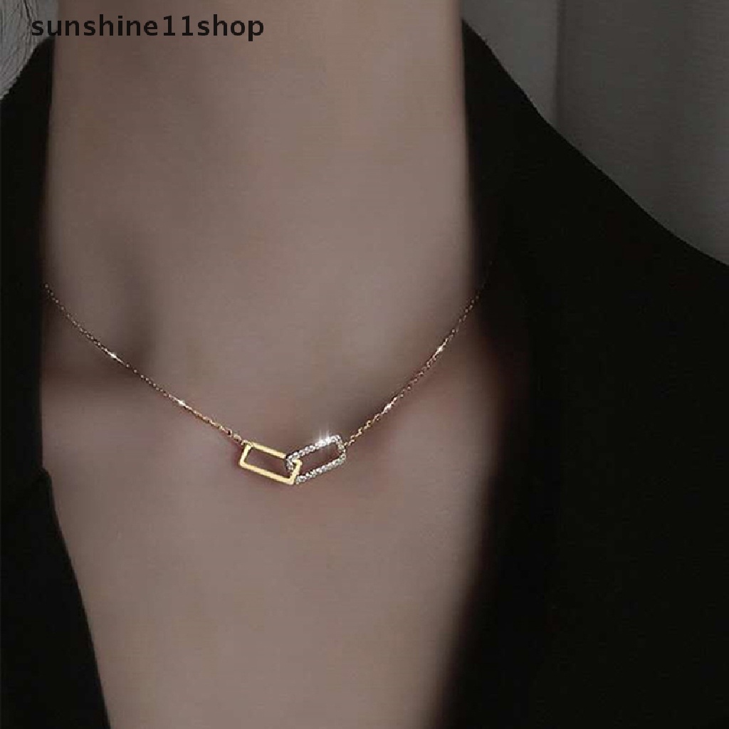 Sho Double-Layer Kalung Persegi Berkedip Berlian Geometris Klavikula Rantai Perempuan Indah Perhiasan Hadiah N