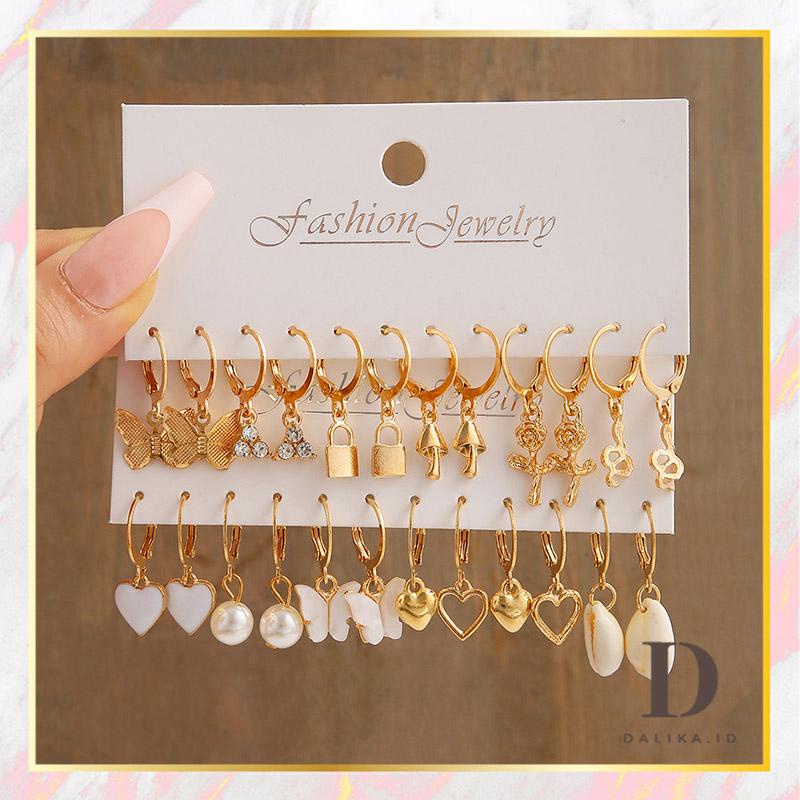 Anting Klip 12 Pasang / Set Mutiara Kristal Kupu Gembok Aksesoris Anting Korea
