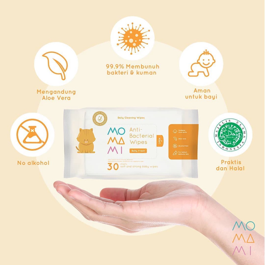 MOMAMI Baby Antibacterial Wipes 10 30 60 sheets / Tisu Tissue Basah Bayi Anti Bakteri Anti Alkohol size kecil travel / besar