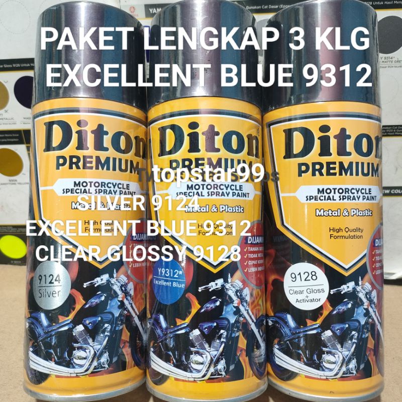 Diton Premium Paket Lengkap 3 Kaleng 400cc Biru Excellent Blue 9312 Silver 9124 Clear Glossy 9128 Pilox Pilok Cat Semprot Spray Paint