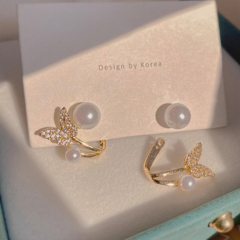 1pasang Korea Zirkon Indah Kupu-Kupu Telinga Studs/Wanita Ganda Simulasi Mutiara Anting Perhiasan Aksesoris