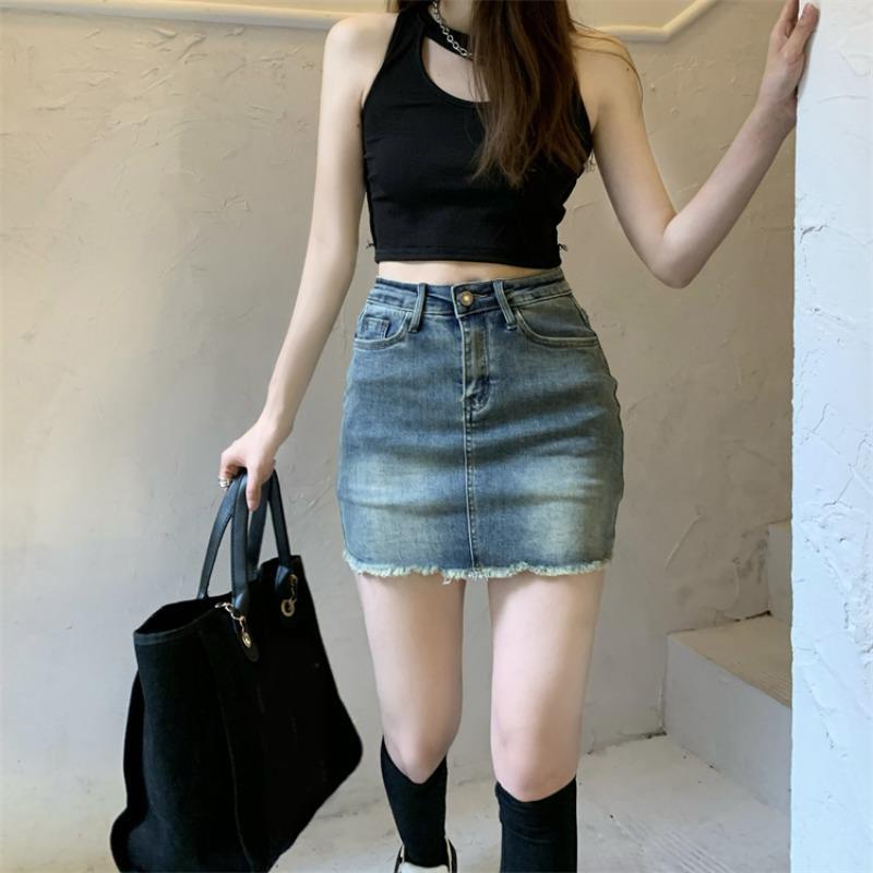 Red Spice girl retro love denim skirt pants women s summer 2022 new anti-light a-line bag hip short skirt